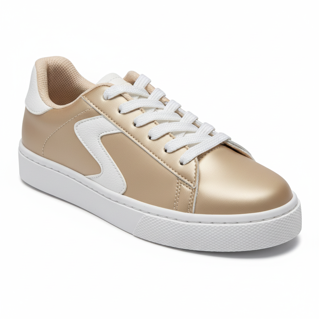 Vista angular frontal zapatilla deportiva dorada con detalles blancos Ref 8064 - exacta a la imagen