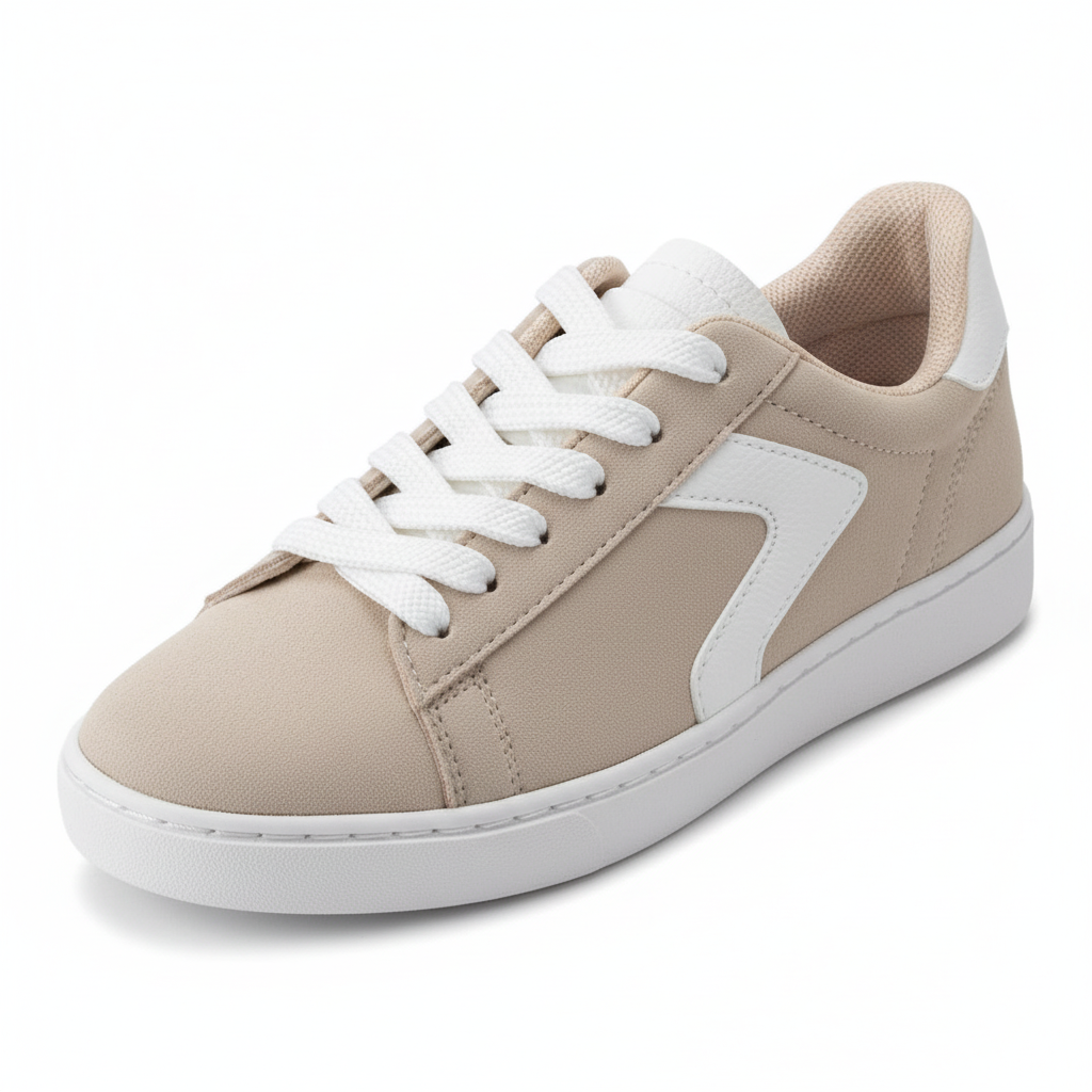 Vista angular frontal zapatilla deportiva gamuza arena Ref 8064 - exacta a la imagen