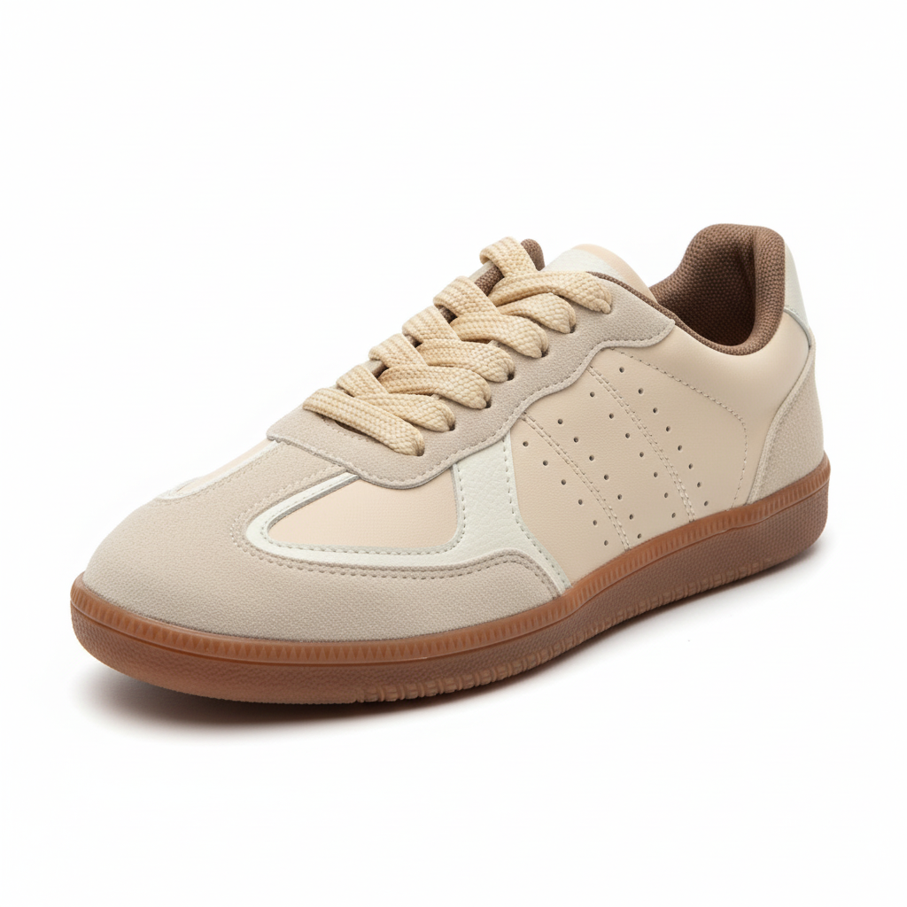 Vista angular frontal zapatilla deportiva gamuza beige con detalles blancos Ref 8131