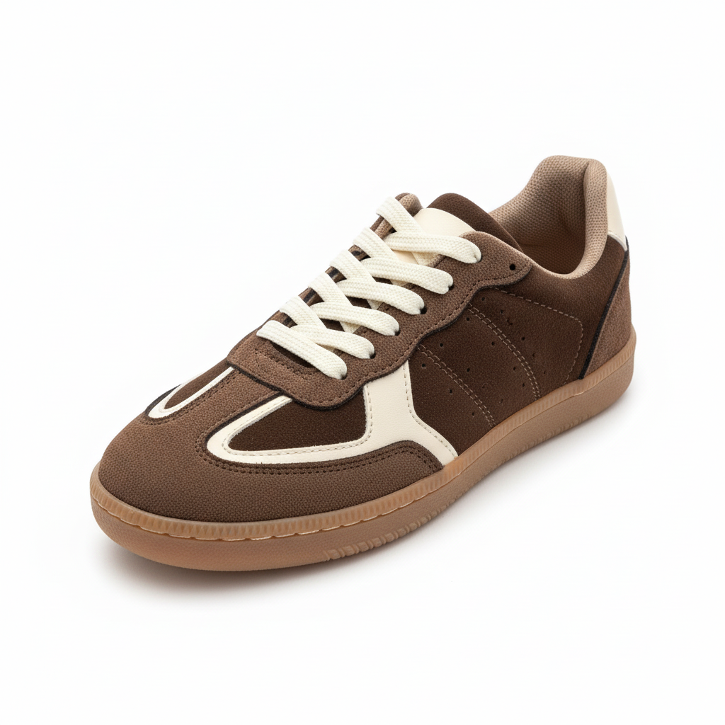 Vista angular frontal zapatilla deportiva gamuza café Ref 8131 - exacta a la imagen