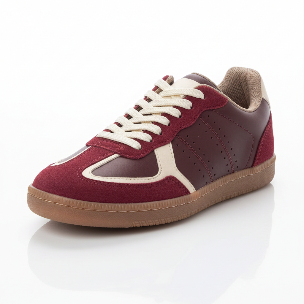 Vista angular frontal zapatilla deportiva gamuza vinotinto Ref 8131 - exacta a la imagen