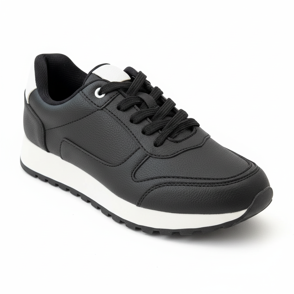 Vista angular frontal zapatilla deportiva negra Ref 7847 - suela blanca con base negra