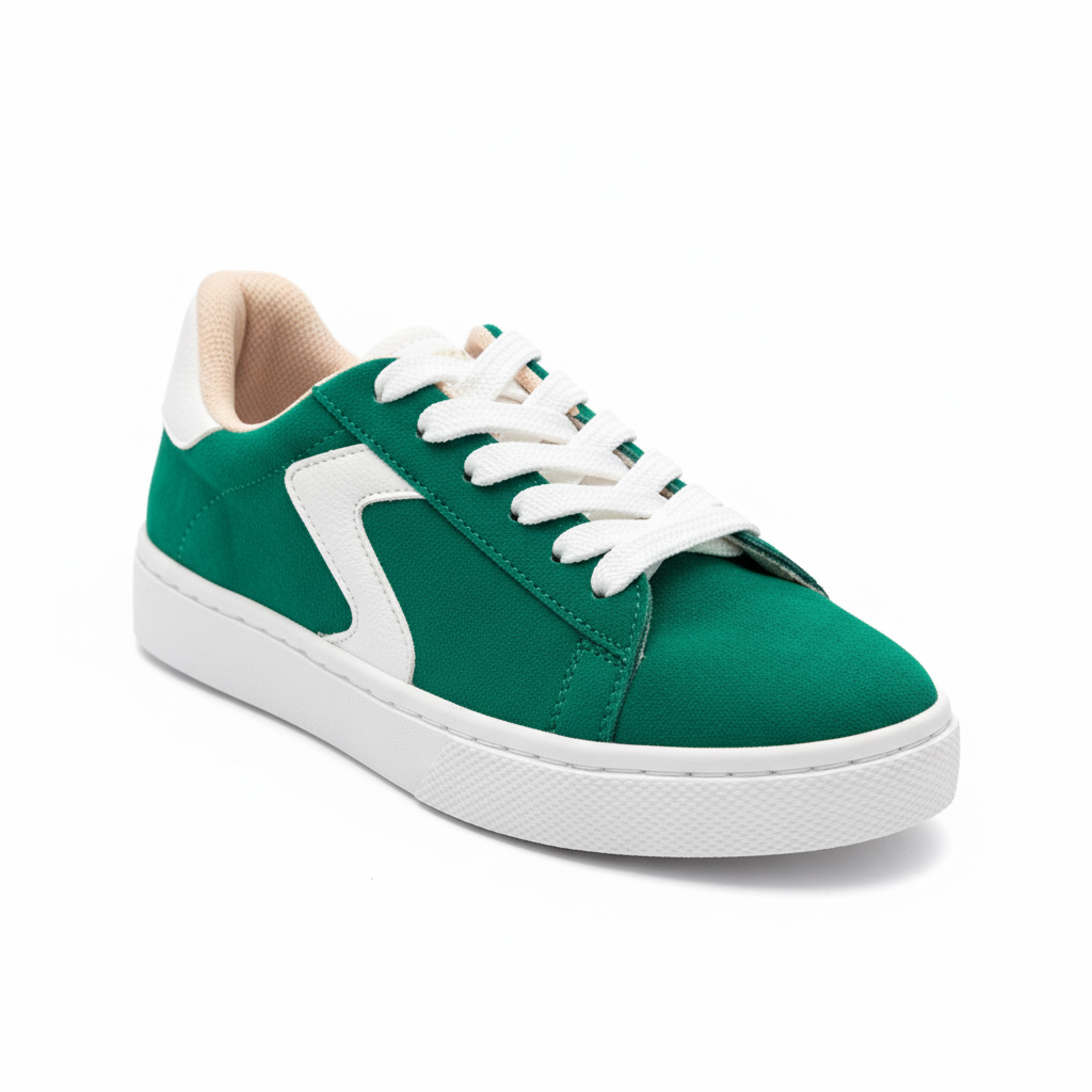 Vista angular frontal zapatilla deportiva verde esmeralda Ref 8064 - diseño original del sixsa blanco