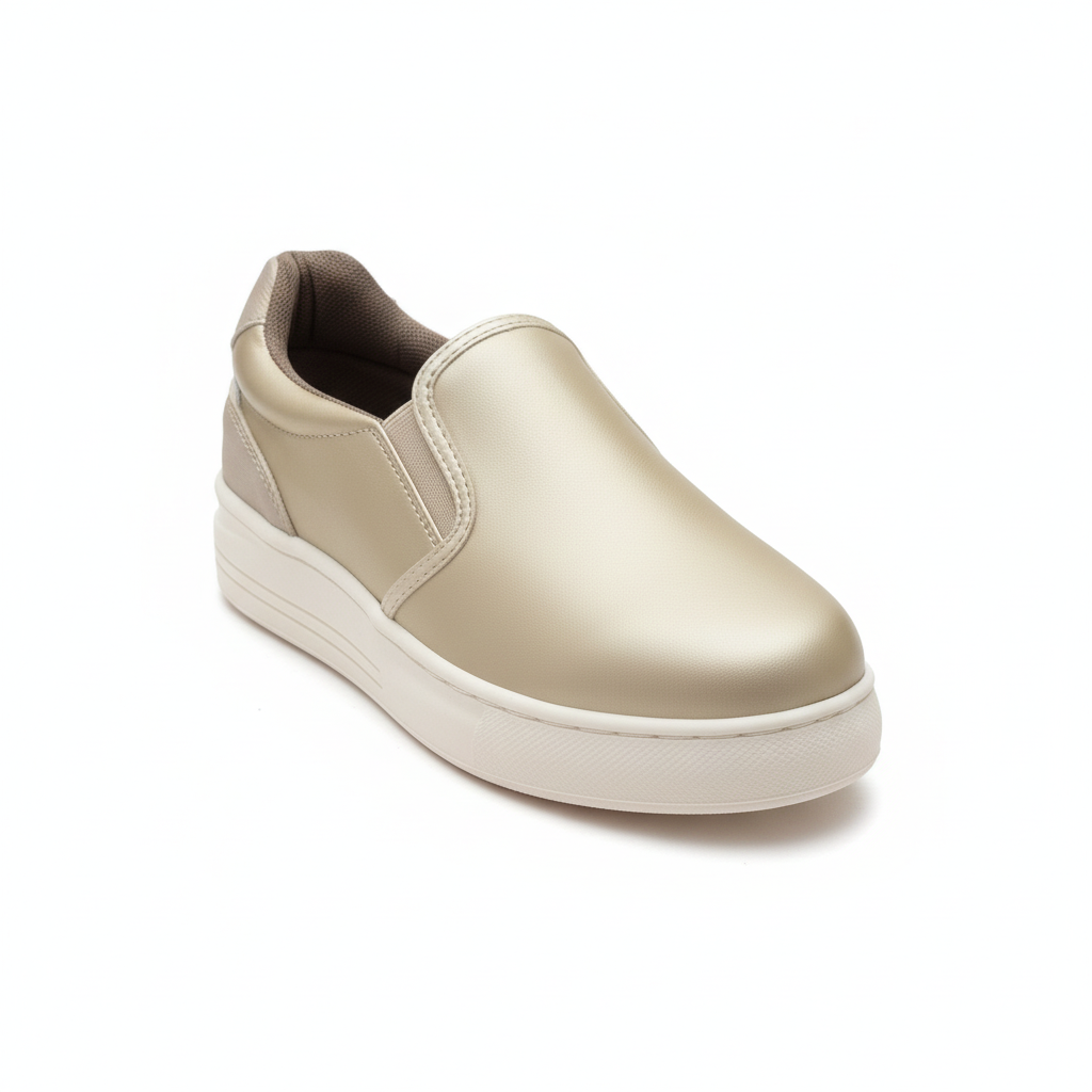 Vista angular frontal zapatilla slip-on champaña con elásticos laterales y plataforma Ref 8188