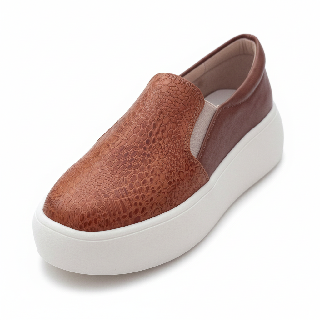 Vista angular frontal zapatilla slip-on miel con solo escamas pequeñas Ref 8105