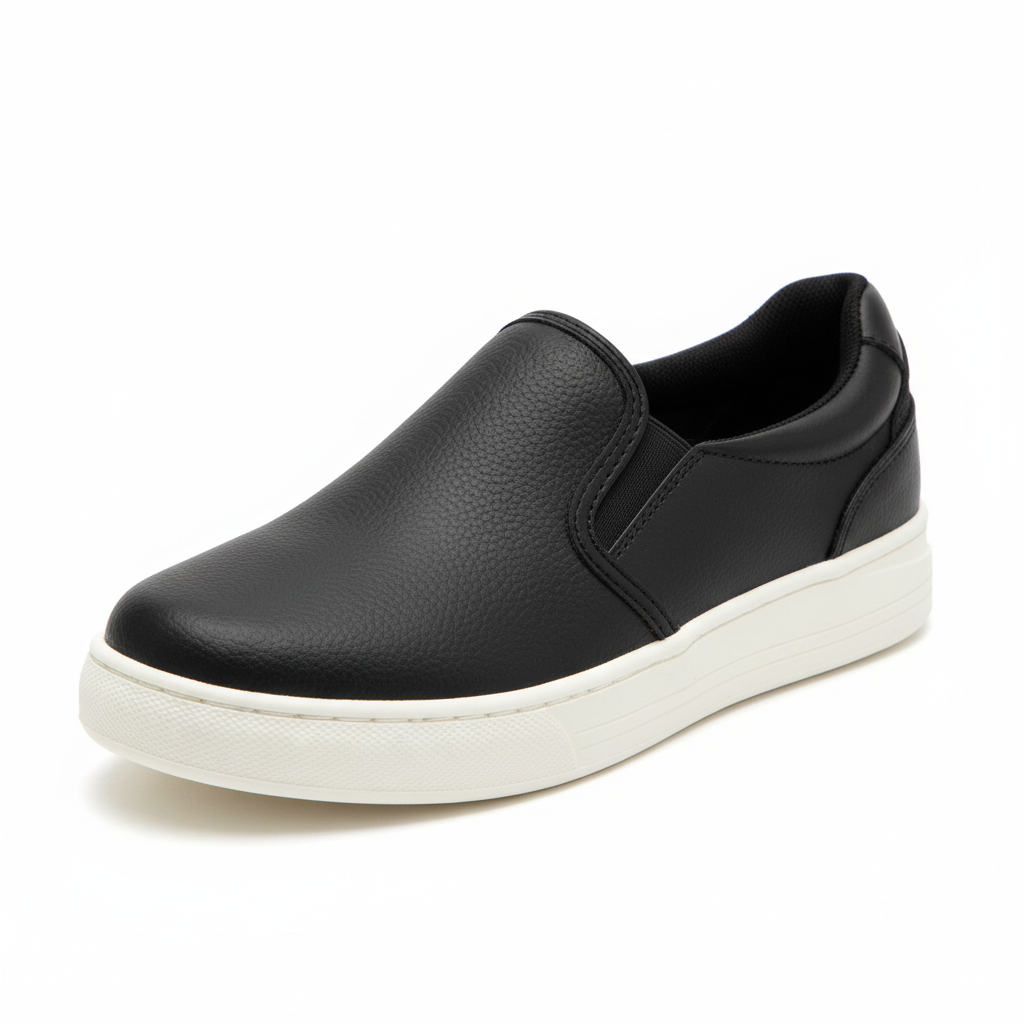 Vista angular frontal zapatilla slip-on negra con elásticos laterales y plataforma Ref 8188