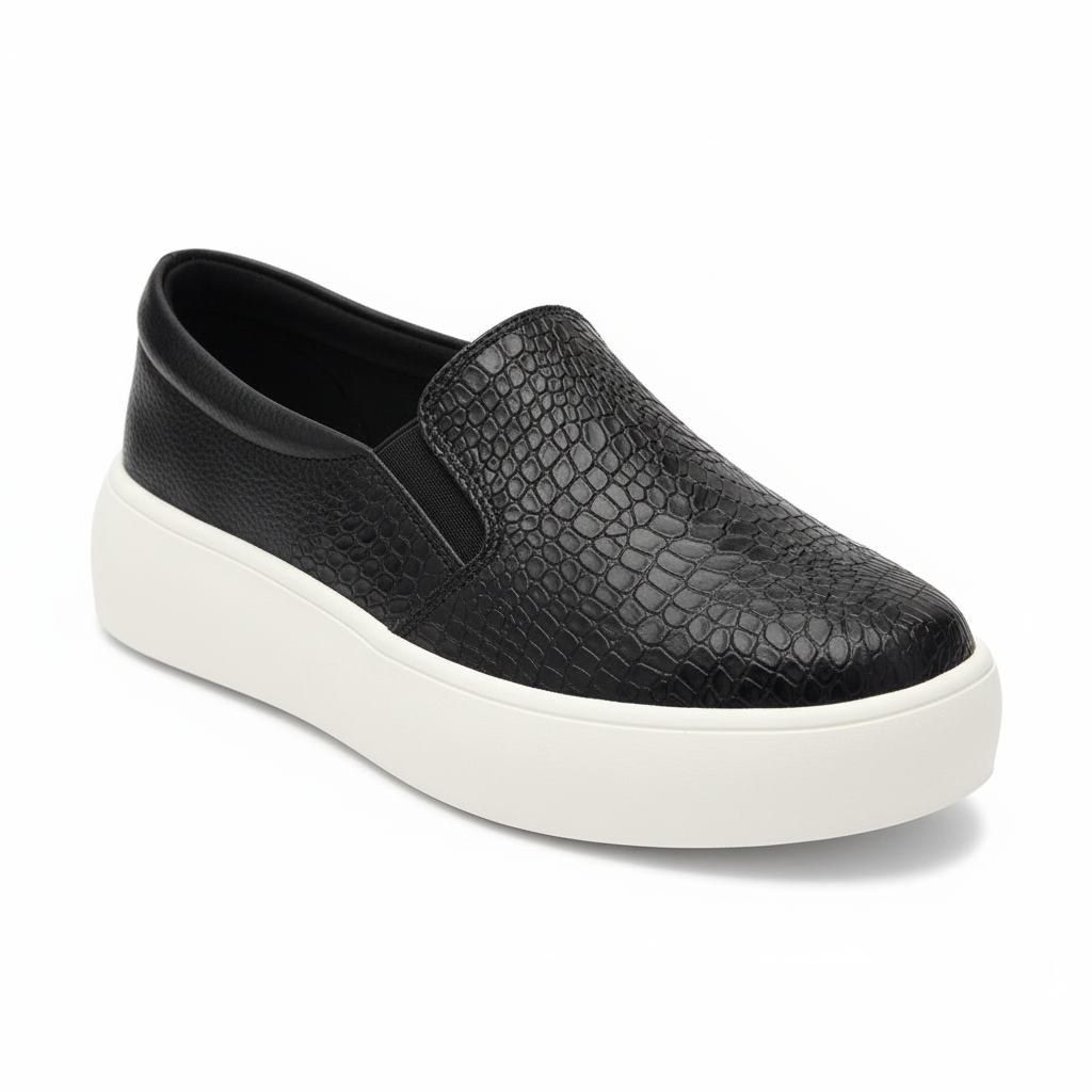 Vista angular frontal zapatilla slip-on negra con textura cocodrilo y plataforma Ref 8105 - exacta a la imagen