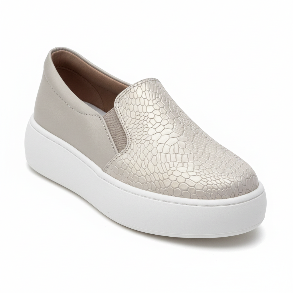 Vista angular frontal zapatilla slip-on perla con textura cocodrilo y plataforma Ref 8105
