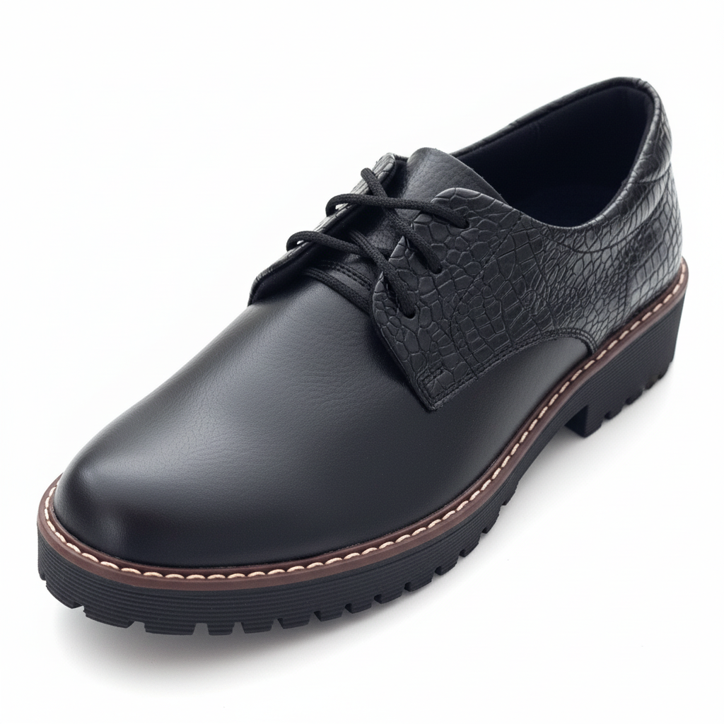 Vista angular frontal zapato oxford negro con cordones y texturas mixtas Ref 8106