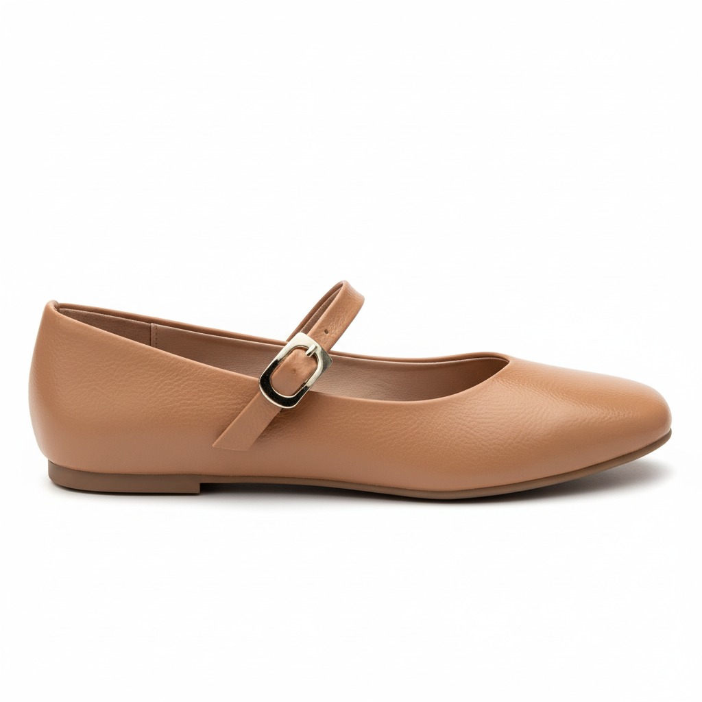 Vista lateral baleta cuero texturizado camel con correa y hebilla dorada Ref 8148