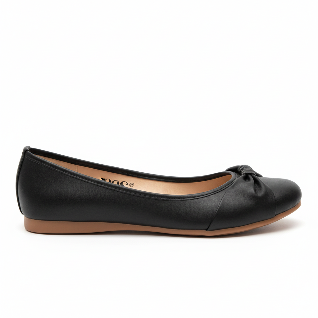 Vista lateral baleta negra moño anudado elegante Ref 8194
