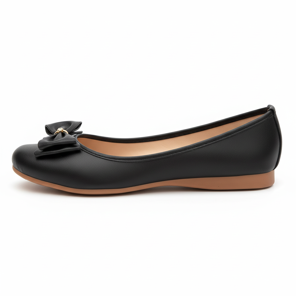 Vista lateral baleta negra moño negro hebilla dorada rhinestone Ref 8193