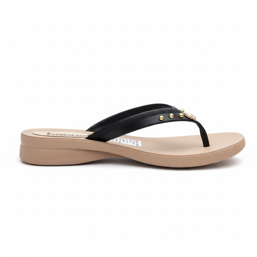 Vista lateral flip-flop negro - exacta a la original con tres perlas