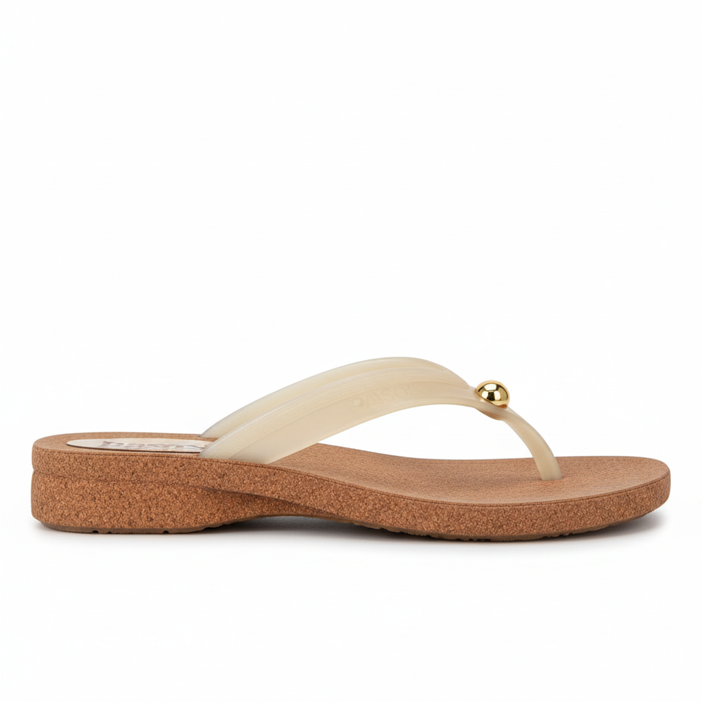 Vista lateral flip-flop nude con corcho y detalle dorado