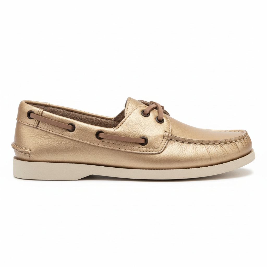 Vista lateral mocasín náutico dorado con cordones café simples Ref 8118