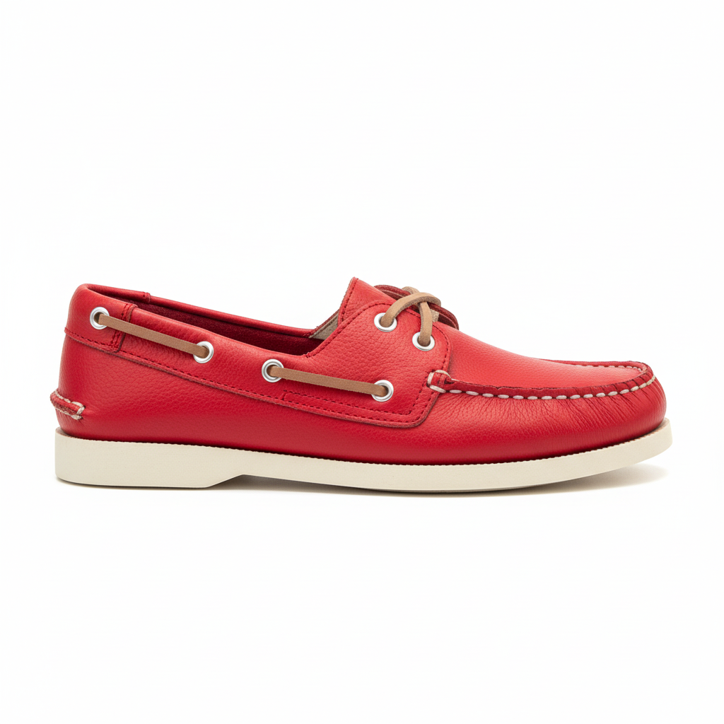 Vista lateral mocasín náutico rojo con cordones beige y plataforma Ref 8118