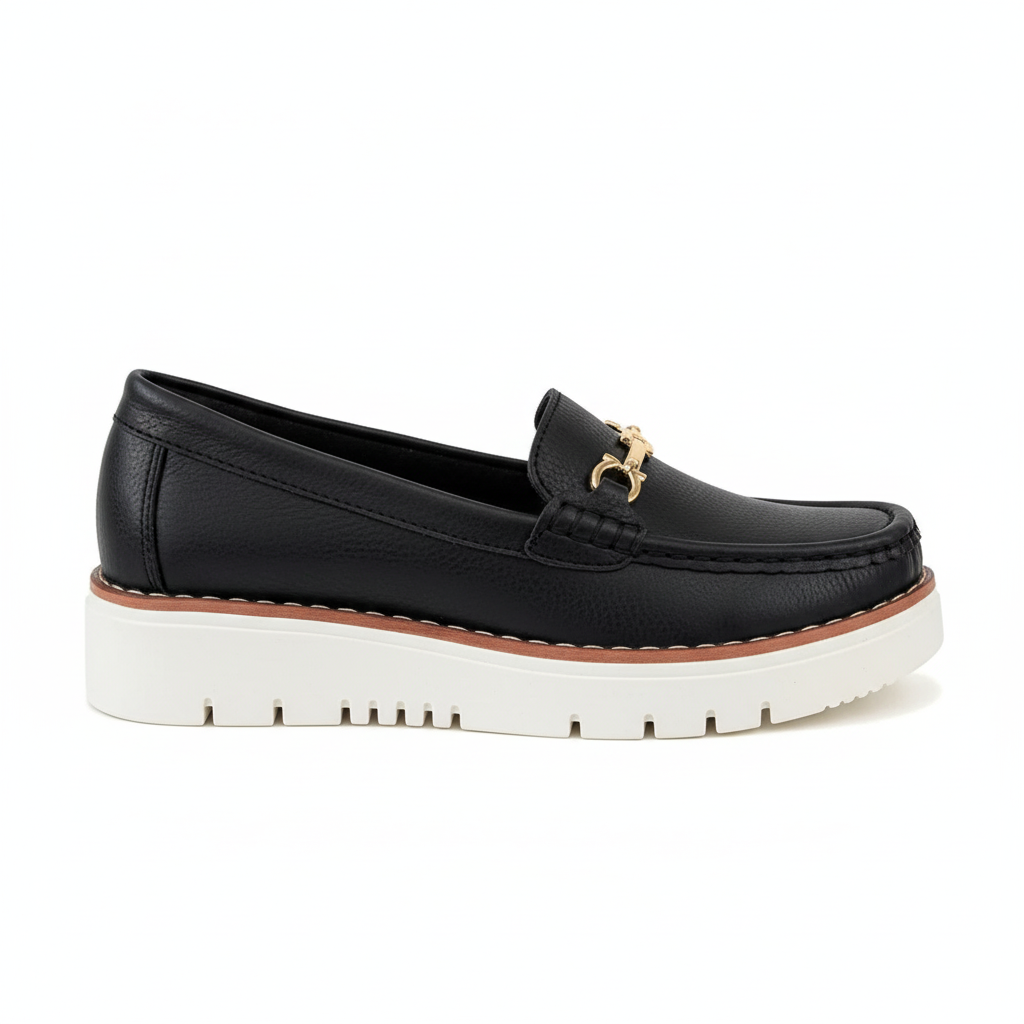 Vista lateral mocasín negro con hebilla cadena dorada y plataforma Ref 7736