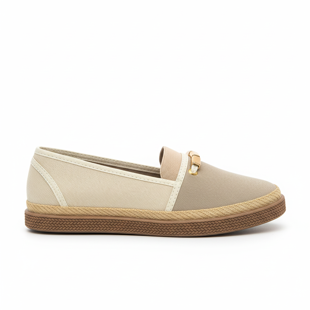 Vista lateral mocasín plataforma lona beige Ref 8170