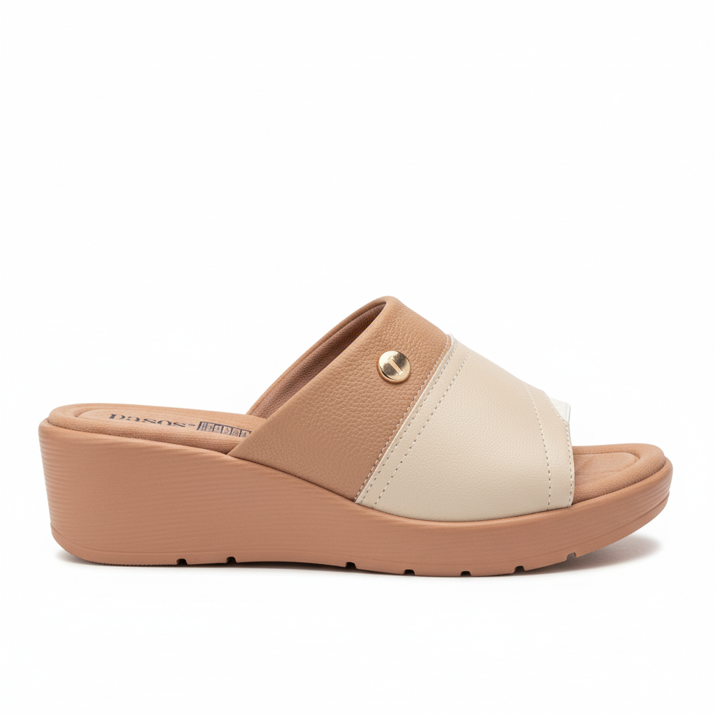 Vista lateral mule beige bicolor cuña salmón corregida Ref 8014