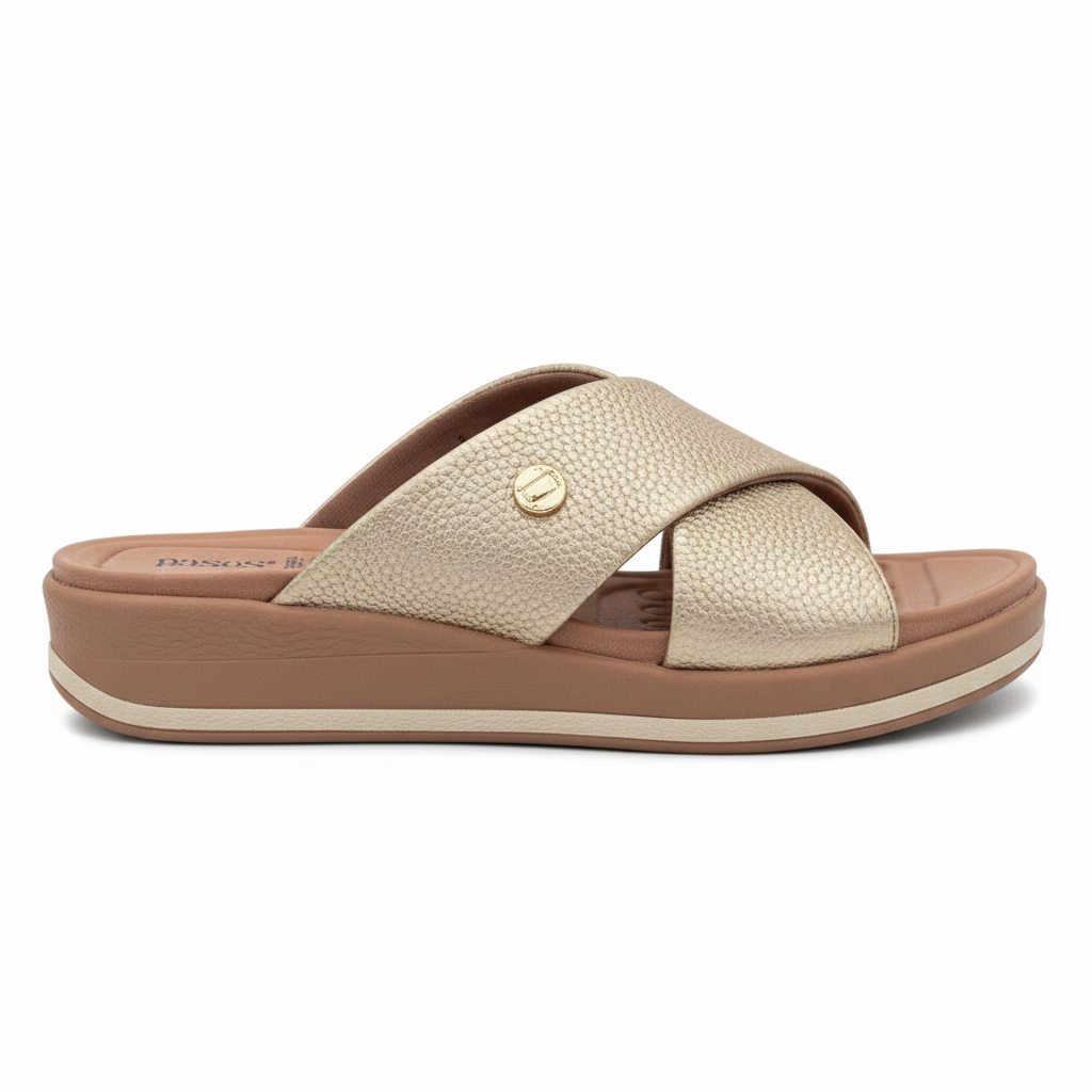 Vista lateral mule champaña dorado metalizado cruzada X plataforma rosa nude Ref 8079