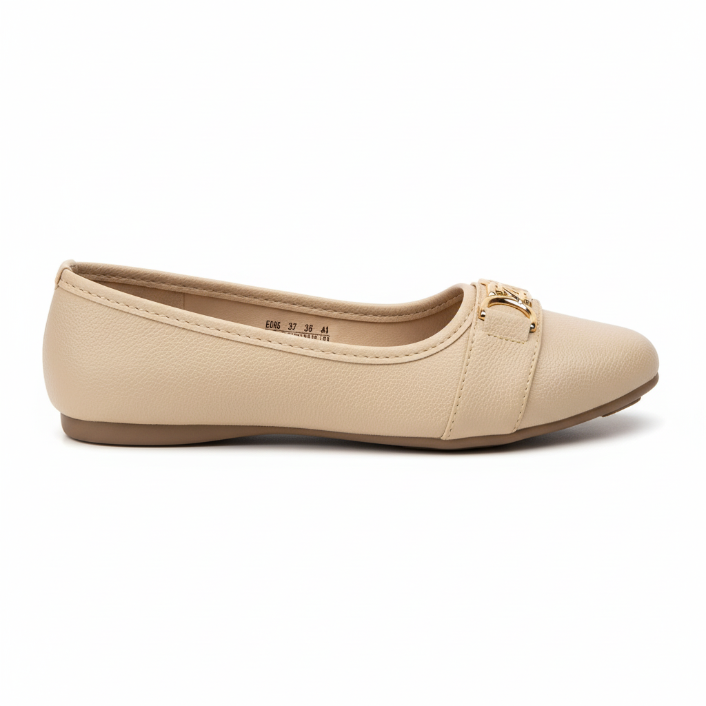 Vista lateral mule cuero texturizado beige con hebilla dorada Ref 8147