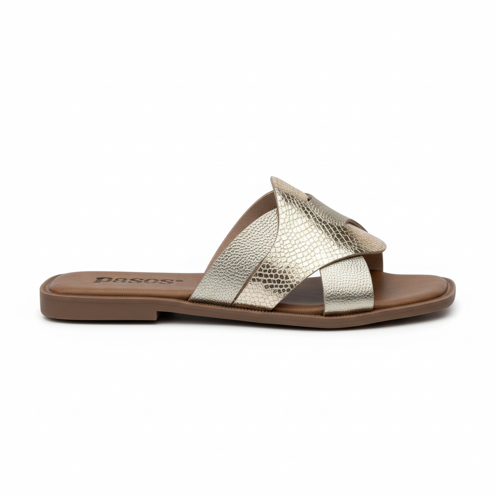 Vista lateral mule dorada reptil correas cruzadas Ref 8025
