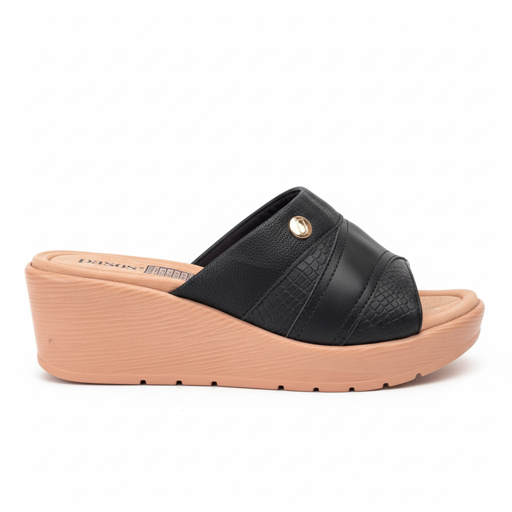 Vista lateral mule negra cocodrilo cuña salmón remache dorado Ref 8014
