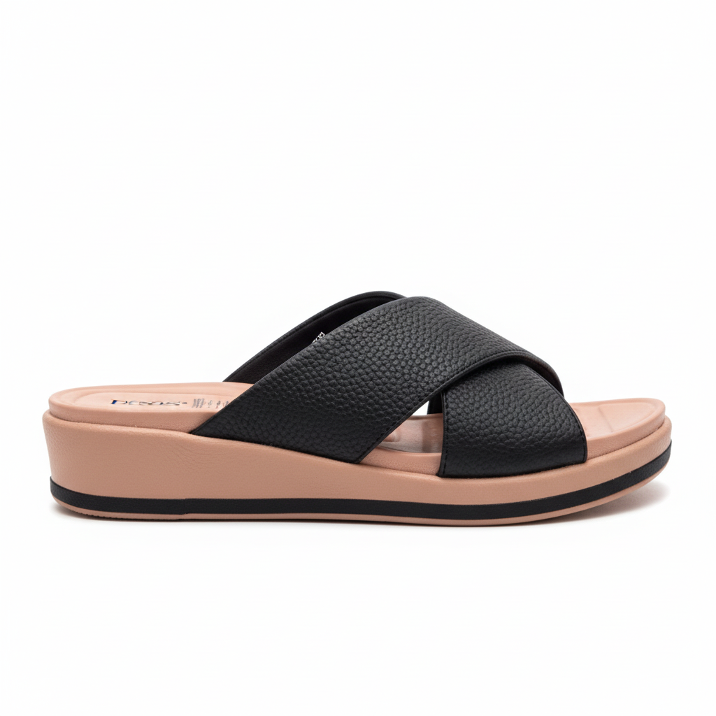 Vista lateral mule negra cruzada X plataforma rosa nude Ref 8079