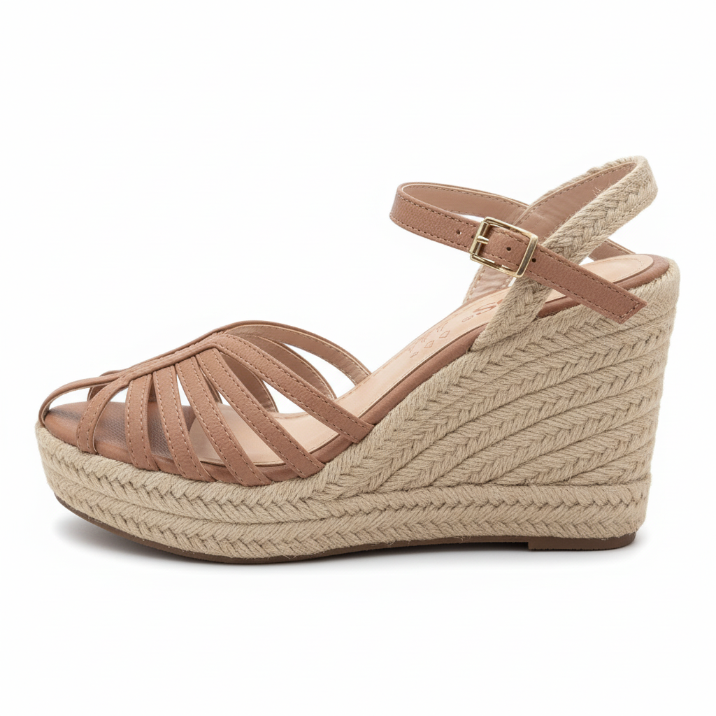 Vista lateral sandalia amaretto plataforma cuña yute Ref 8129