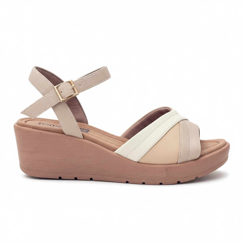 Vista lateral sandalia beige cuña dos tonos Ref 8013