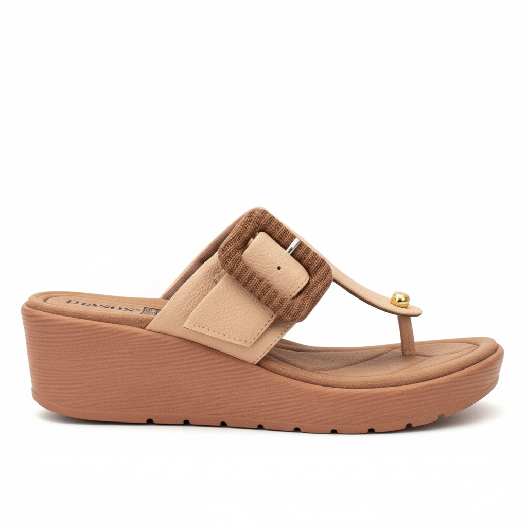 Vista lateral sandalia beige thong hebilla yute café cuña salmón Ref 8015