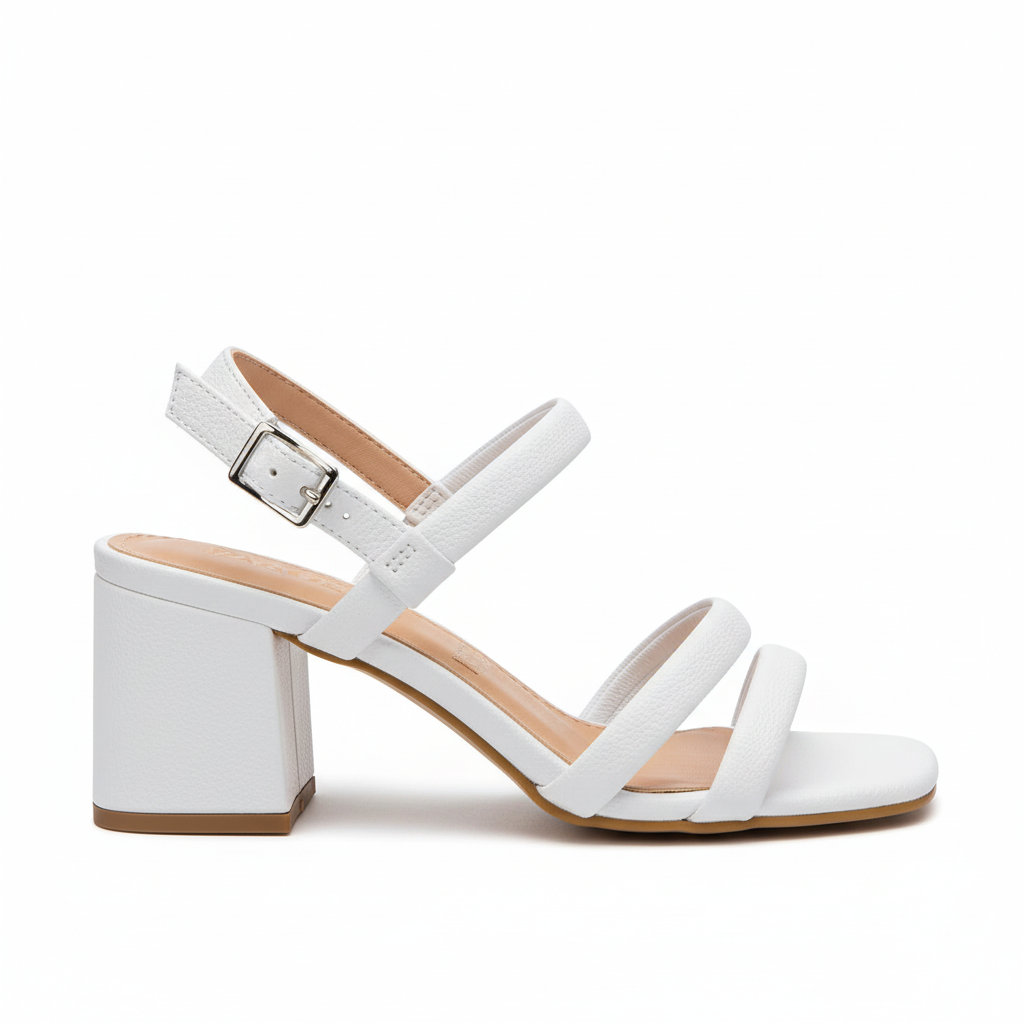 Vista lateral sandalia blanca con hebilla en la parte de atrás Ref 7589