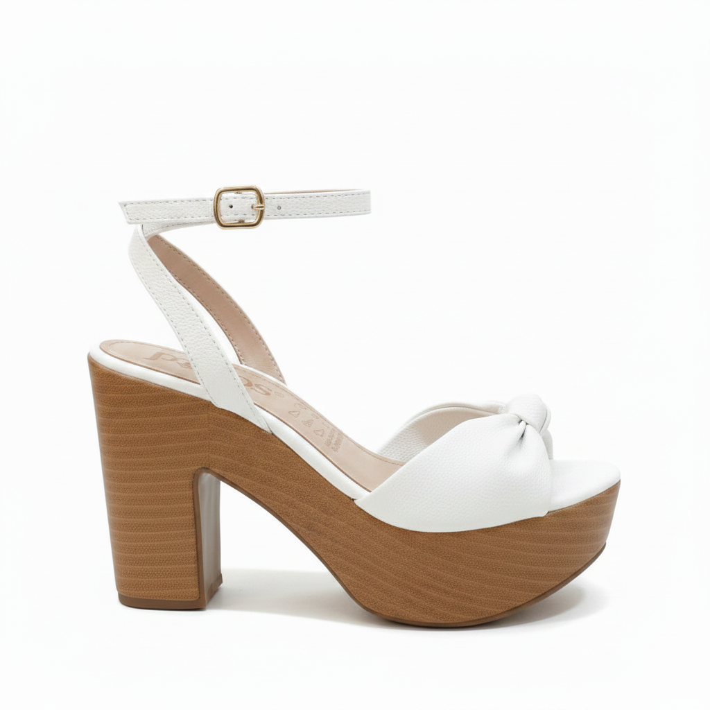 Vista lateral sandalia blanca knot correas X traseras tacón bloque madera camel Ref 5889
