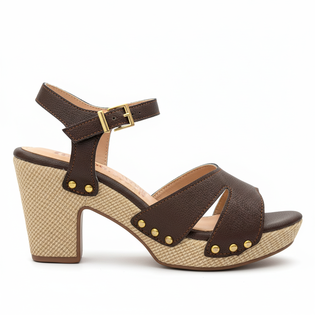 Vista lateral sandalia café cuña jute remaches dorados Ref 8200