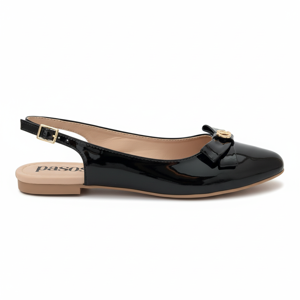 Vista lateral sandalia destalonada charol negro con tacón mínimo beige Ref 8143