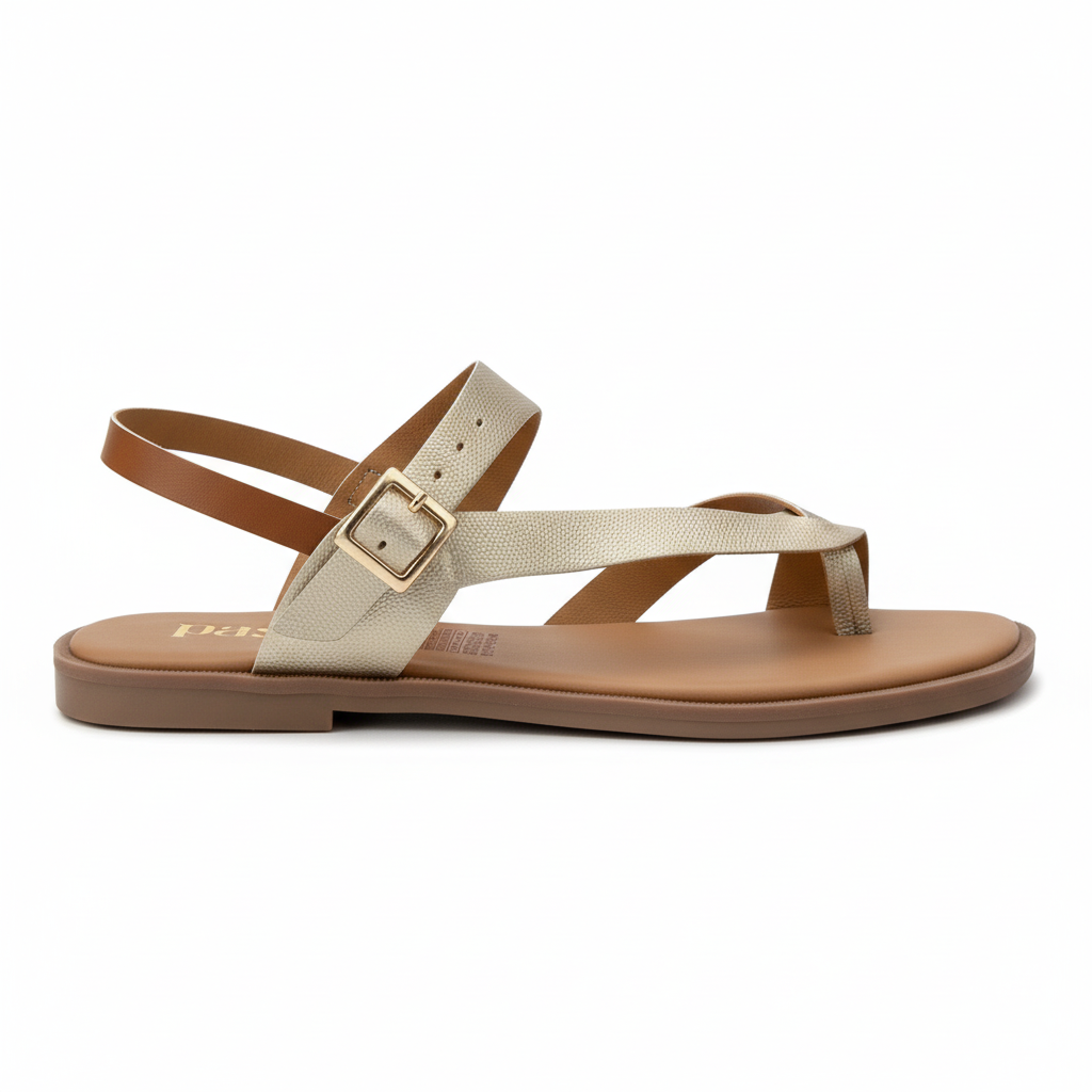 Vista lateral sandalia dorada