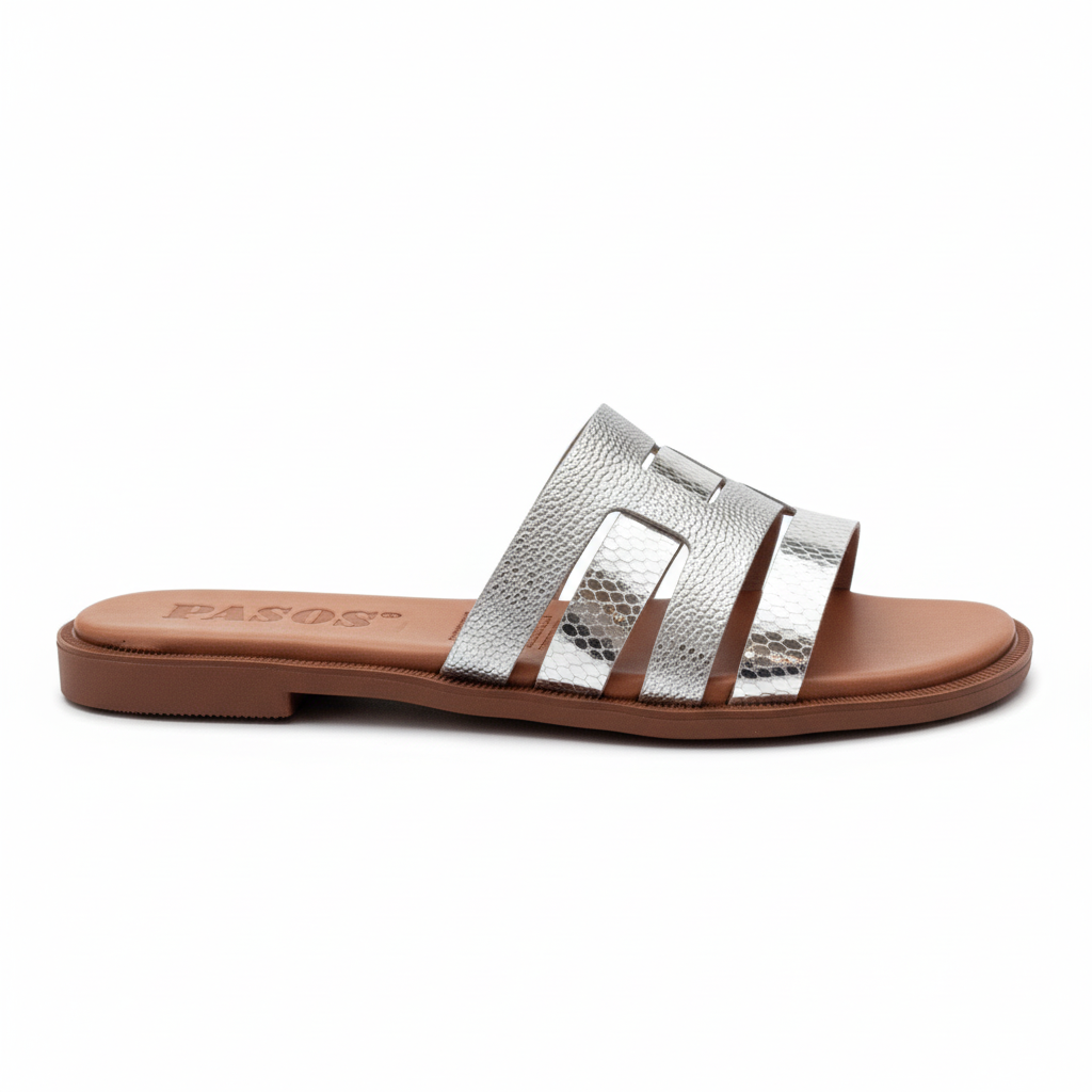 Vista lateral sandalia H-slide plateada con textura serpiente