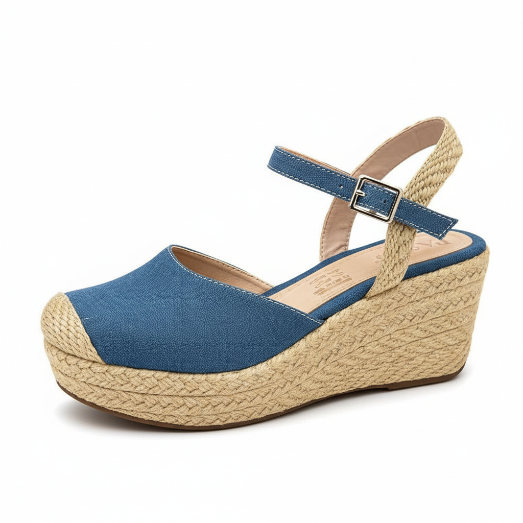Vista lateral sandalia jean azul denim tipo zueco plataforma yute Ref 7763