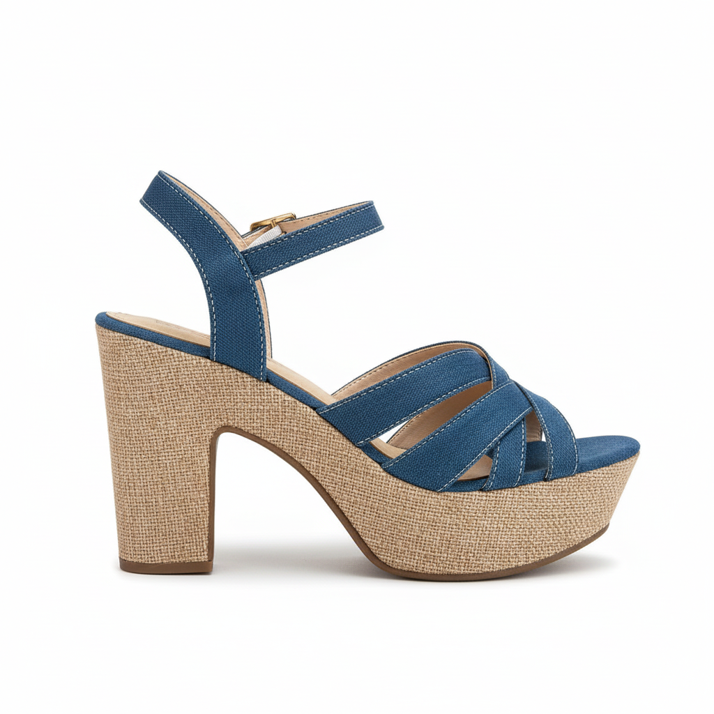 Vista lateral sandalia jean con tacón original Ref 7868