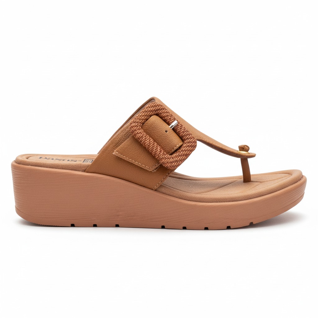 Vista lateral sandalia miel camel slide plataforma con hebilla tejida Ref 8015