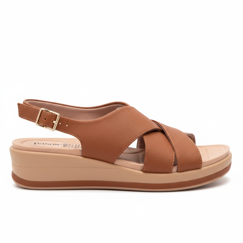Vista lateral sandalia miel cognac cruzada X plataforma camel Ref 8078