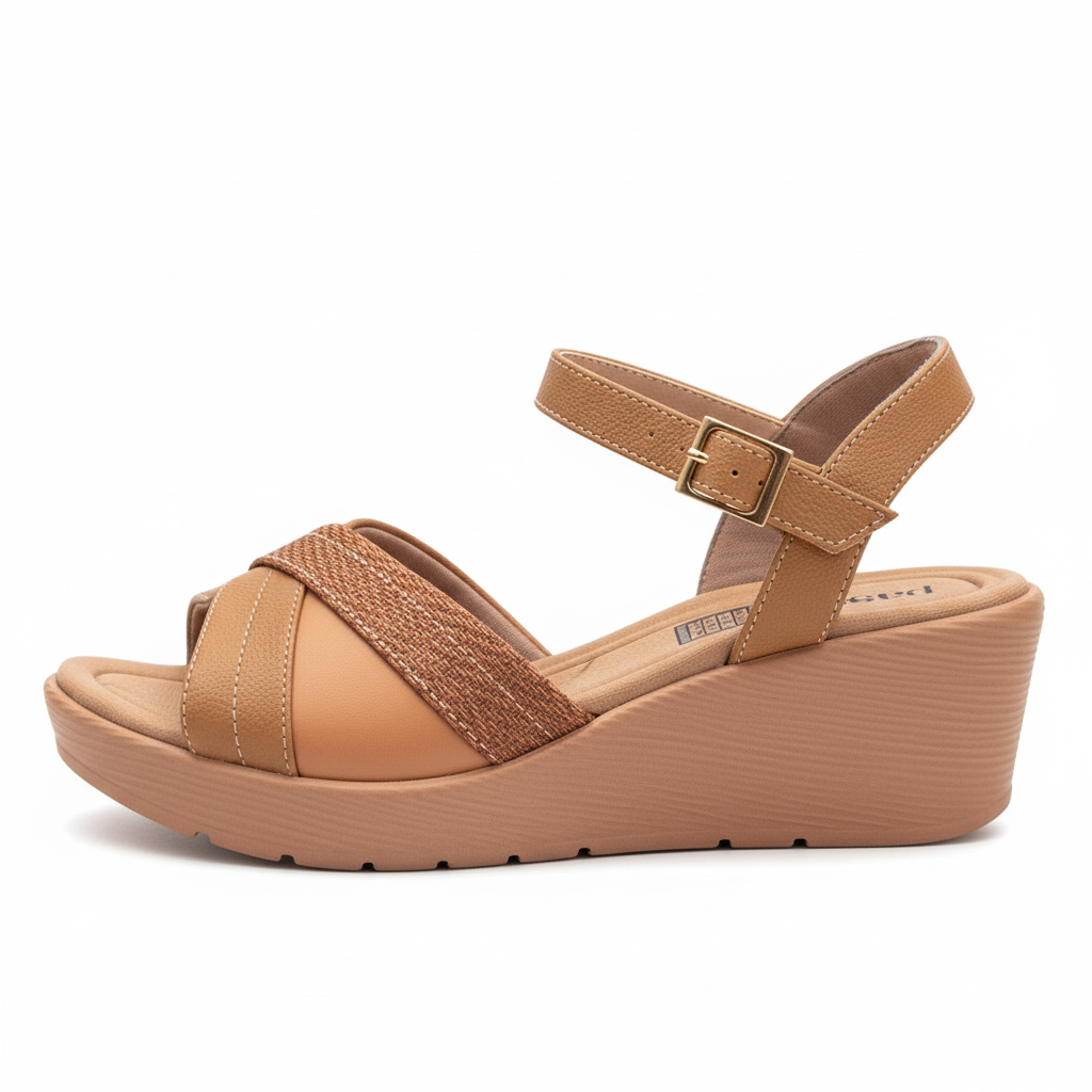 Vista lateral sandalia miel cuña correas cruzadas Ref 8013