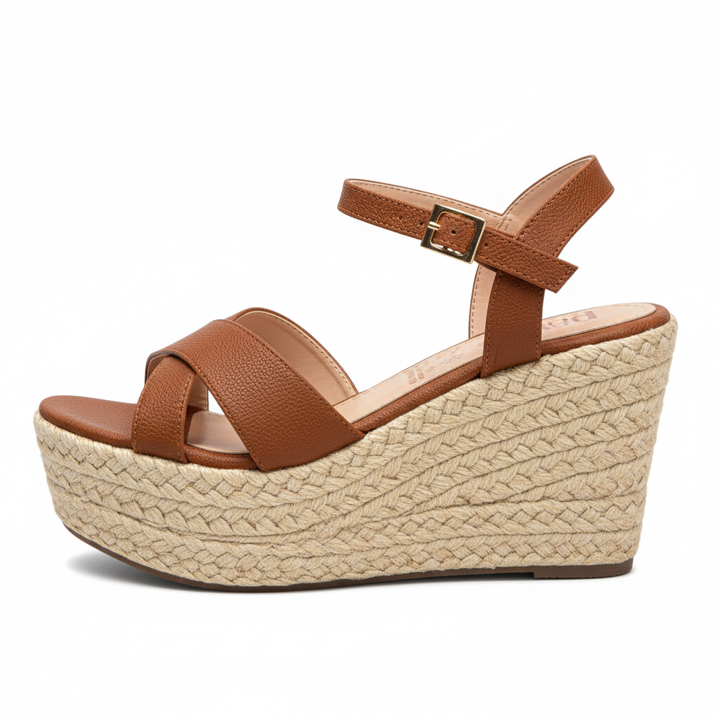 Vista lateral sandalia miel plataforma cuña yute Ref 8181
