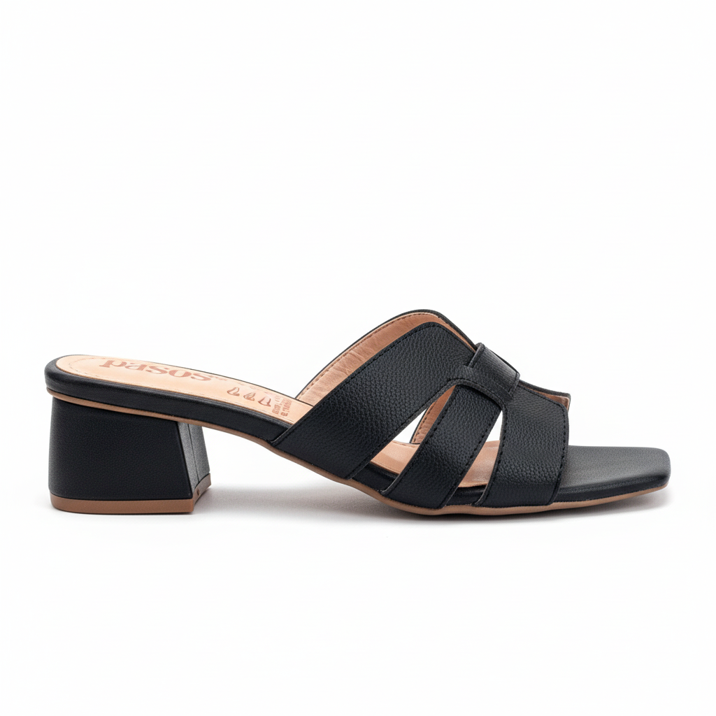 Vista lateral sandalia mule negra tacón bloque tiras cruzadas Ref 7978
