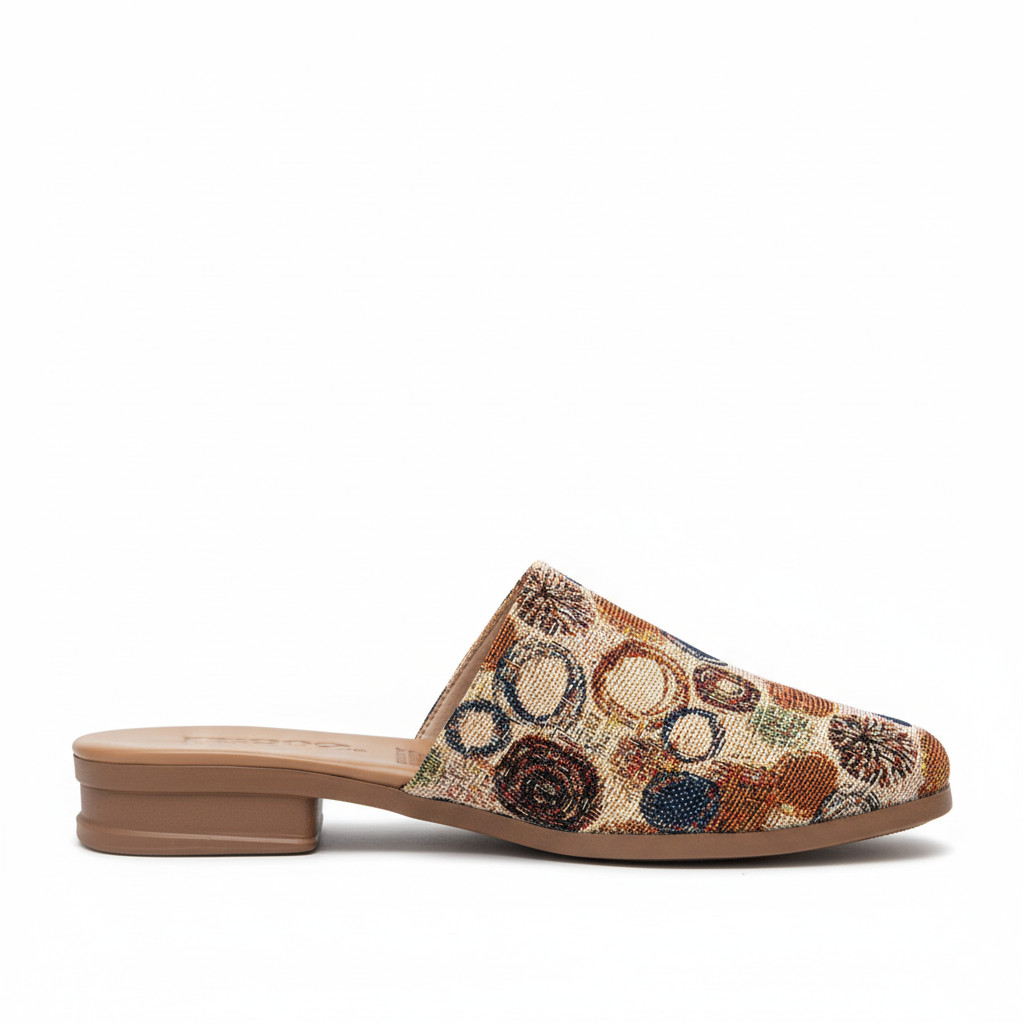 Vista lateral sandalia mule patrón círculos multicolor plataforma beige Ref 8157