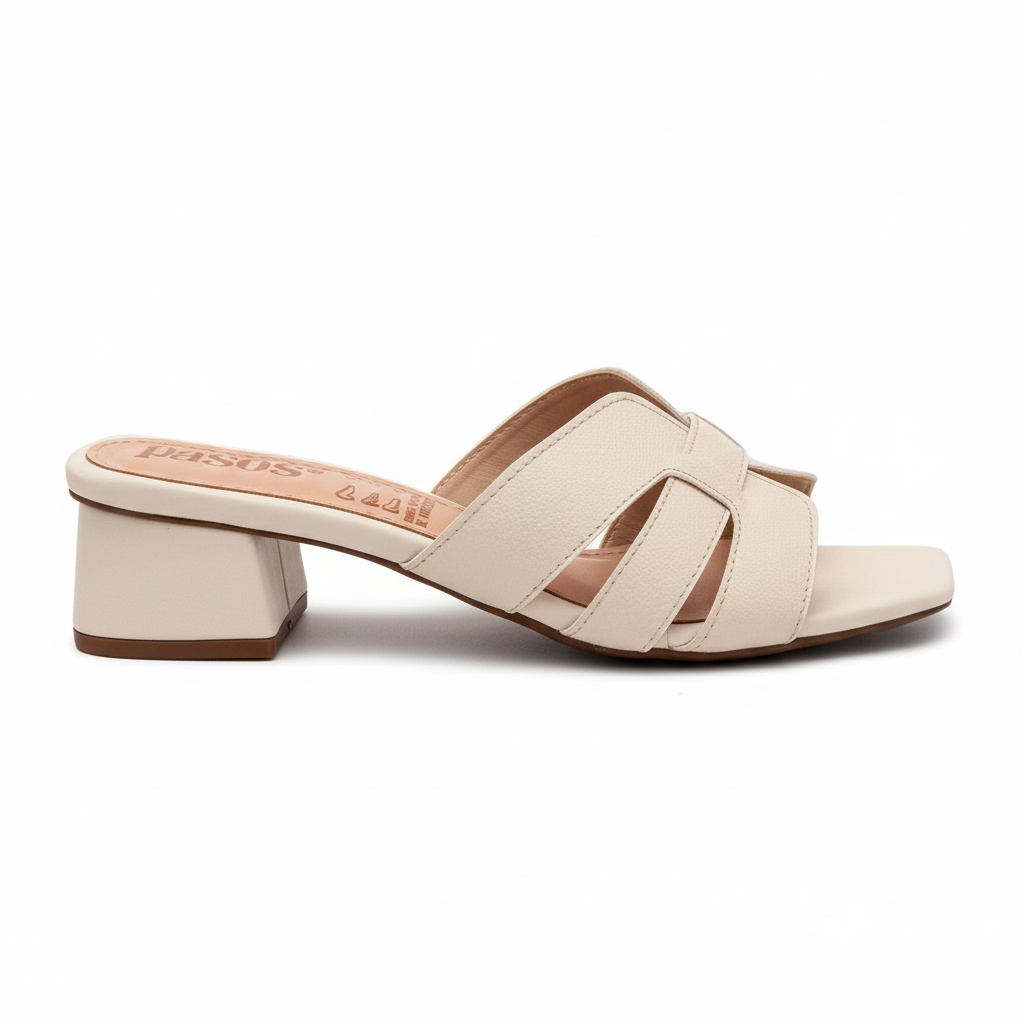 Vista lateral sandalia mule talco tacón bloque tiras cruzadas Ref 7978