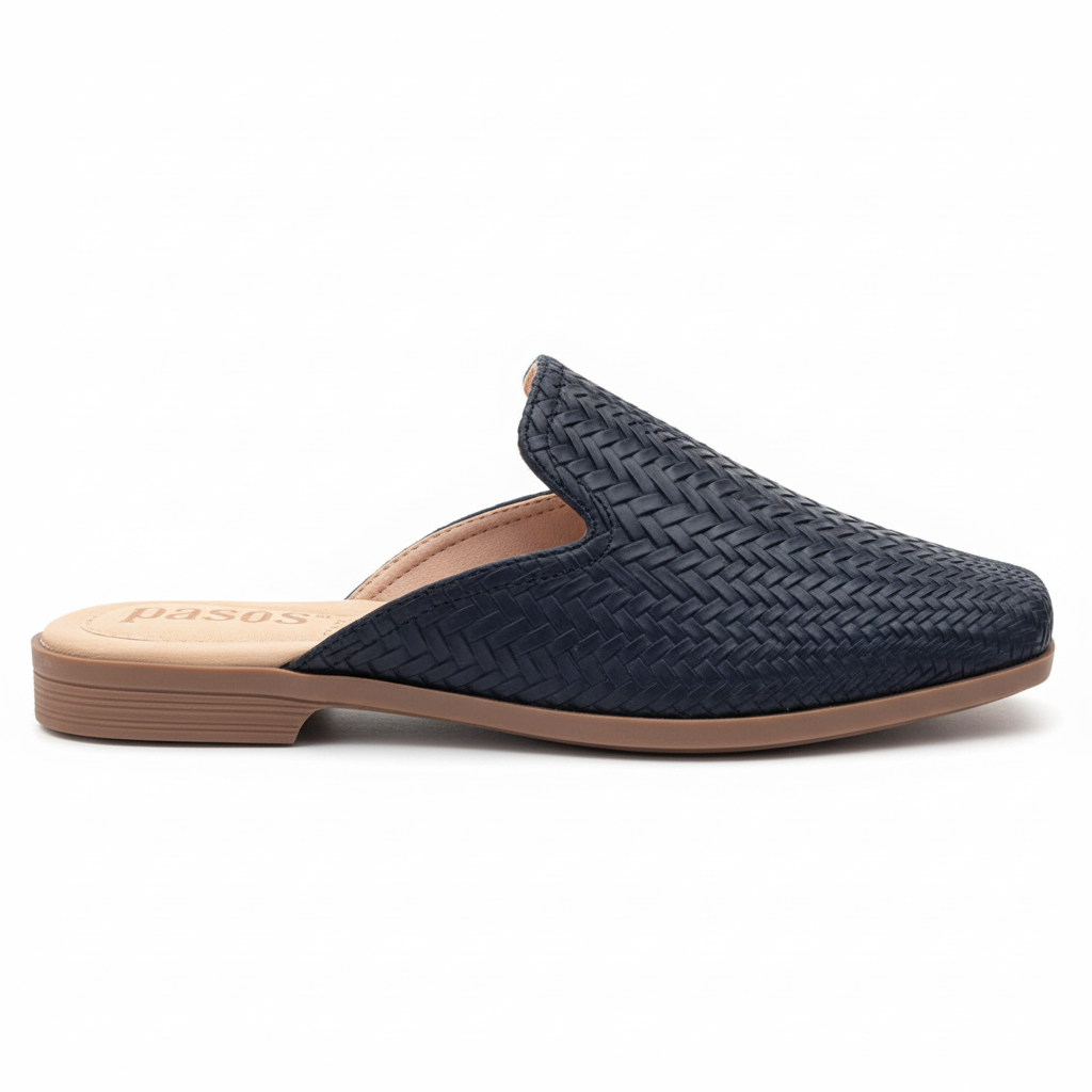 Vista lateral sandalia mule tejido azul marino negro plataforma beige Ref 8107