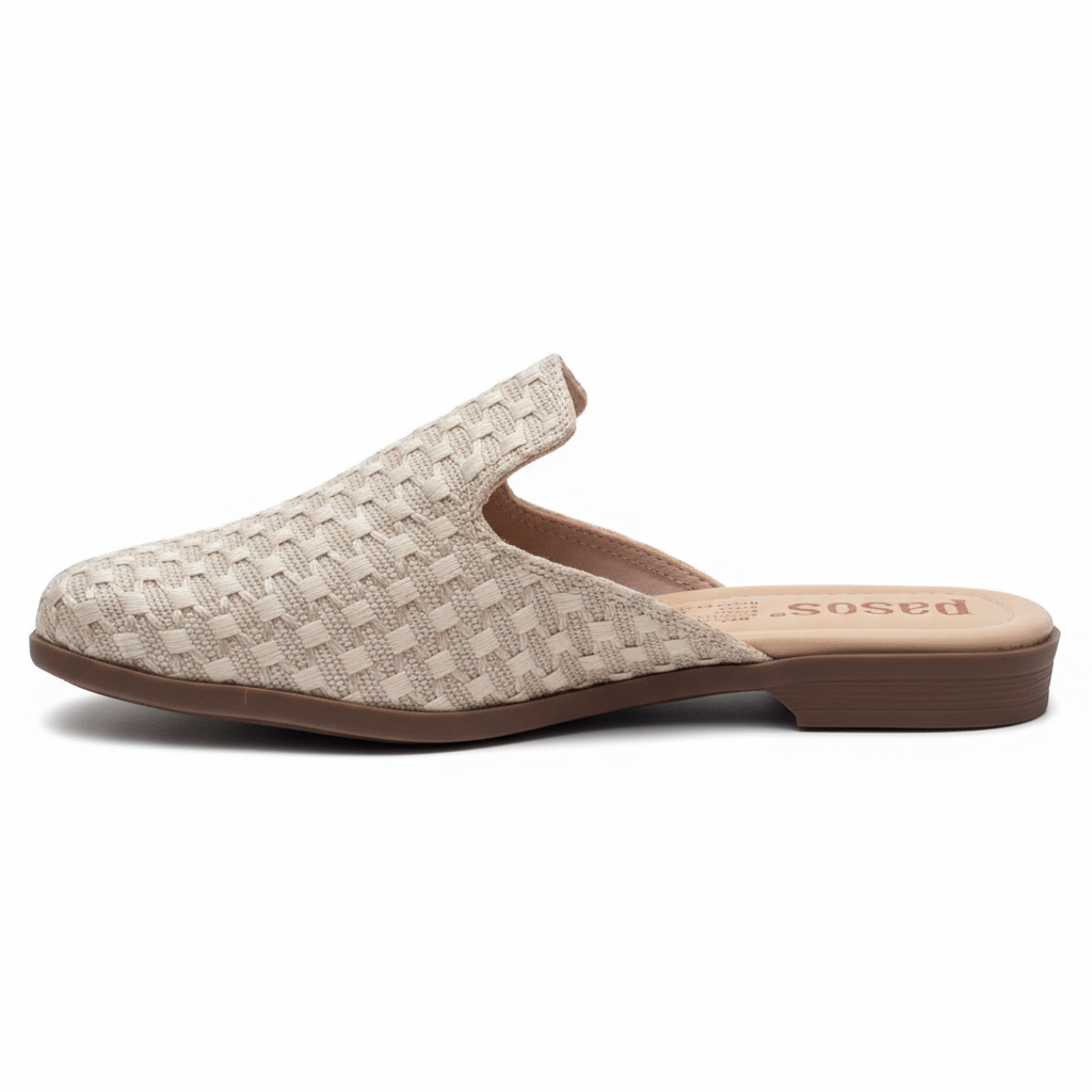 Vista lateral sandalia mule tejido beige crema bicolor plataforma beige Ref 8107