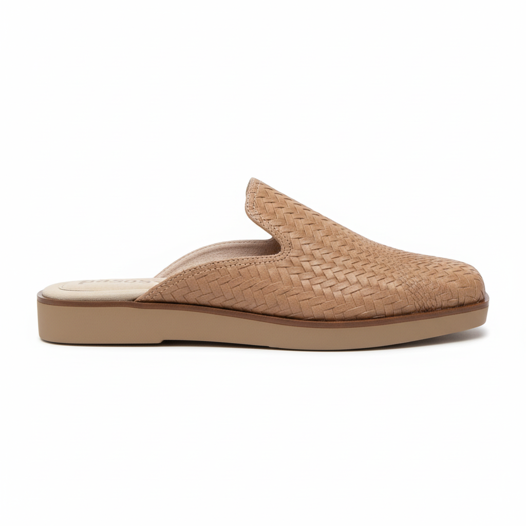 Vista lateral sandalia mule tejido camel beige plataforma beige Ref 8107