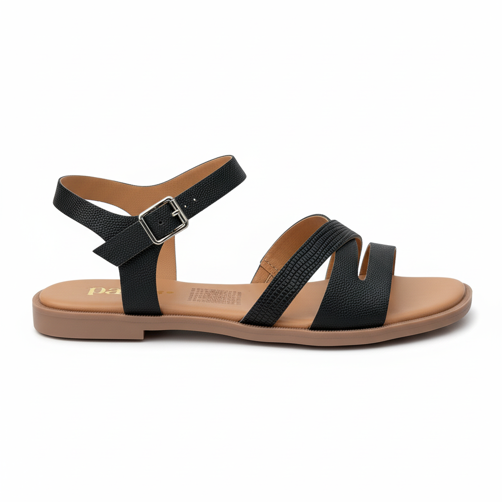 Vista lateral sandalia negra con tiras